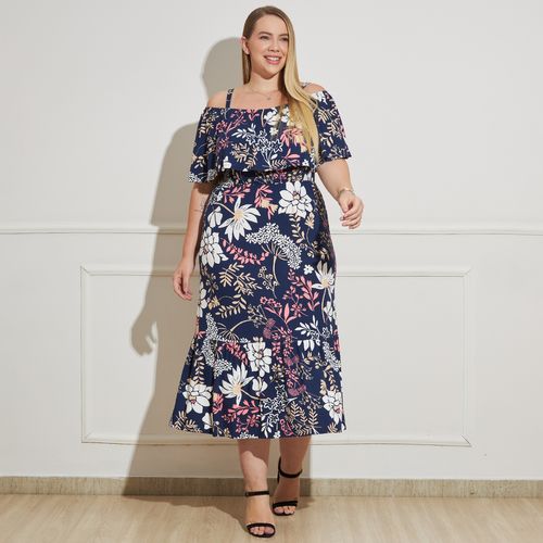 Vestido Midi Plus Size Estampado com Ombro a Ombro - Floral