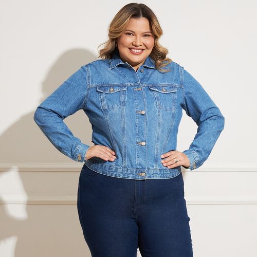 Jaqueta Feminina Jeans Clássica Plus Size Bolsos Frontais