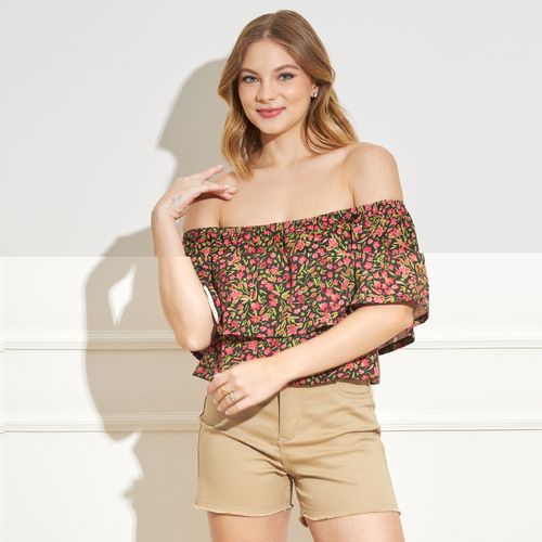 Blusa Feminina Ciganinha com Babado Floral Manga Curta