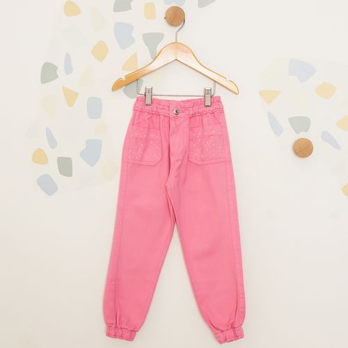 Calça Infantil Jogger Rosa com Detalhe de Pérolas nos Bolsos