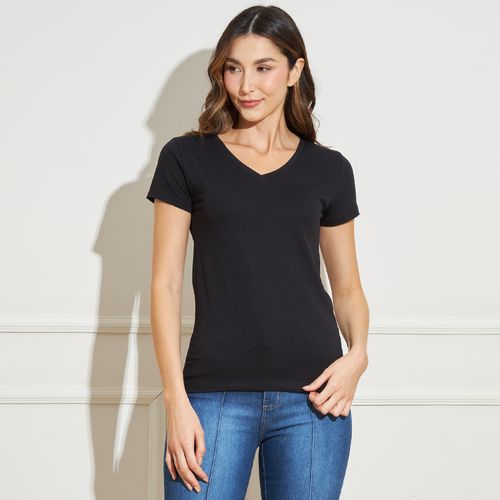 Camiseta Feminina Básica com Decote V – Preta