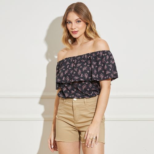 Blusa Ciganinha Estampada com Babados – Preta Floral