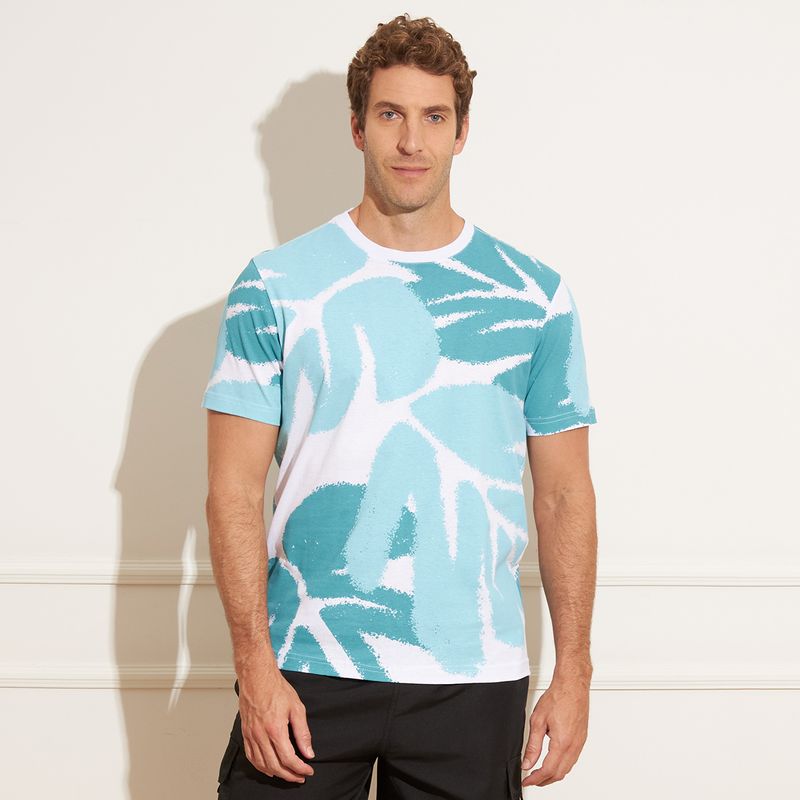 Camiseta-masculina-estampada-folhas---Branco-com-Azul
