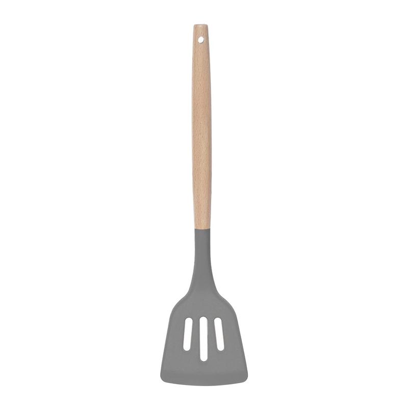 Espatula-Vazada-de-Silicone-com-Cabo-de-Madeira-Cinza-Mozcada