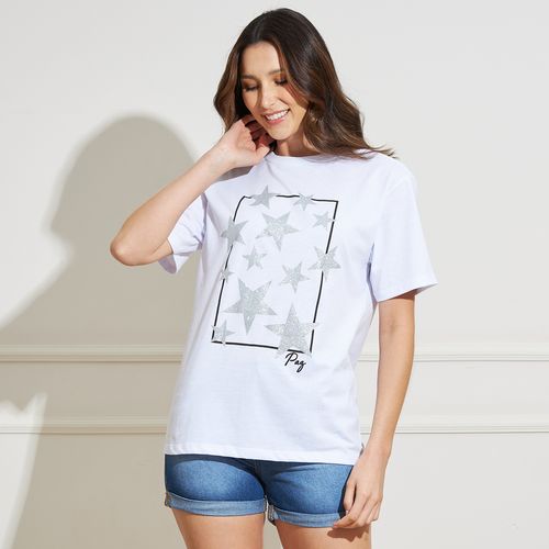Camiseta Feminina Manga Curta Estampa Estrelas Branca