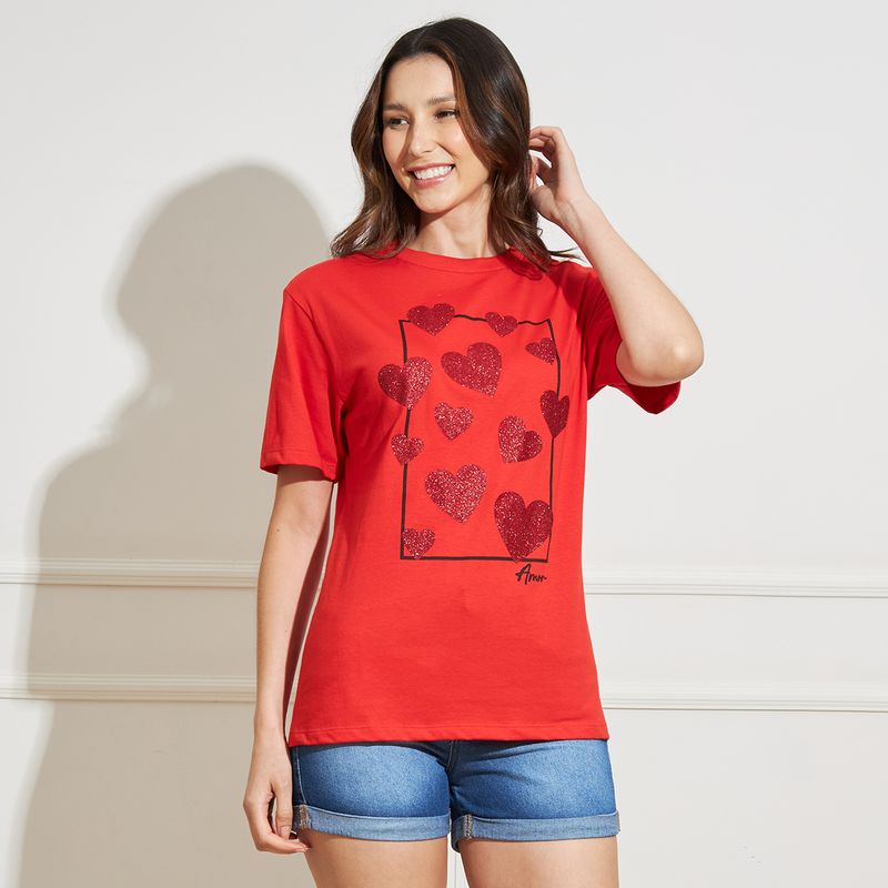 Camiseta-Feminina-Manga-Curta-Estampa-Coracoes-Vermelha