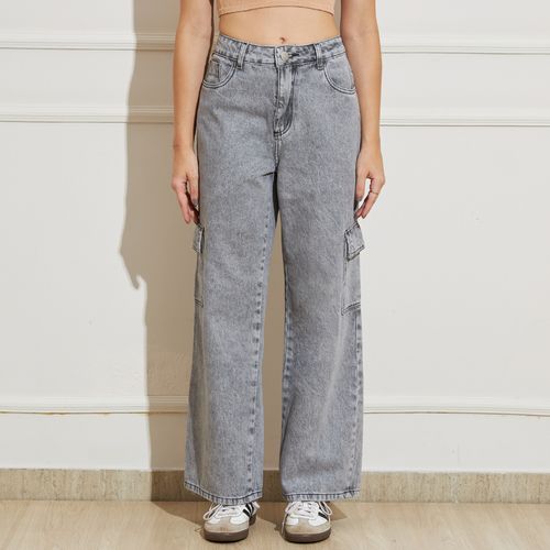 Sawary Calça Jeans Feminina Estonada Bolsos Laterais