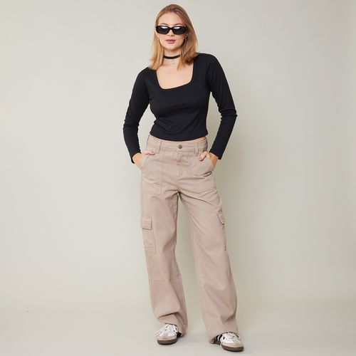 Calça Jeans Feminina Cargo Bege