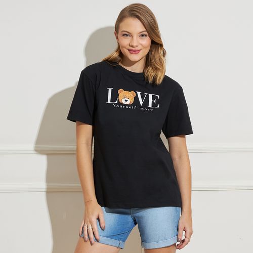 Camiseta Feminina Estampa Love Yourself More Algodão Preta