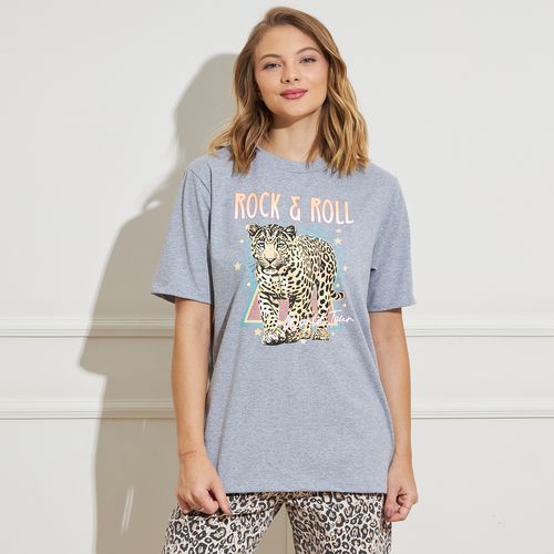 Camiseta Feminina Estampa Leopardo Algodão Cinza