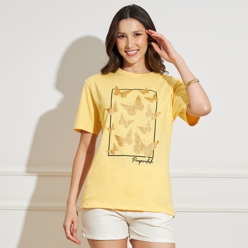 Camiseta Feminina Estampa Borboletas Algodão Amarela
