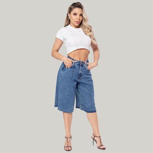 Bermuda Jeans Médio Feminina Barra a Fio