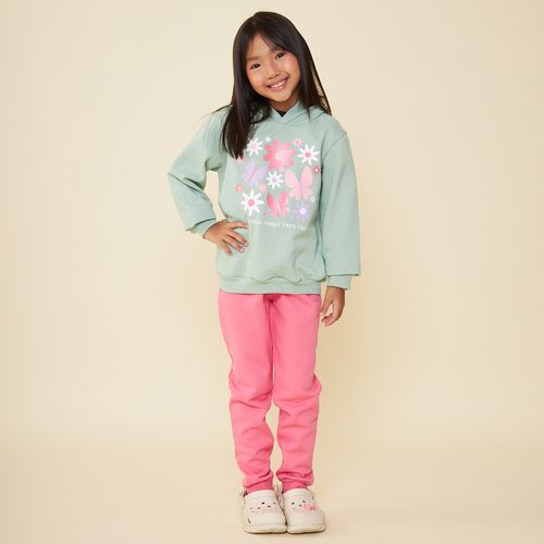 Conjunto Infantil Moletom Borboletas e Flores Verde