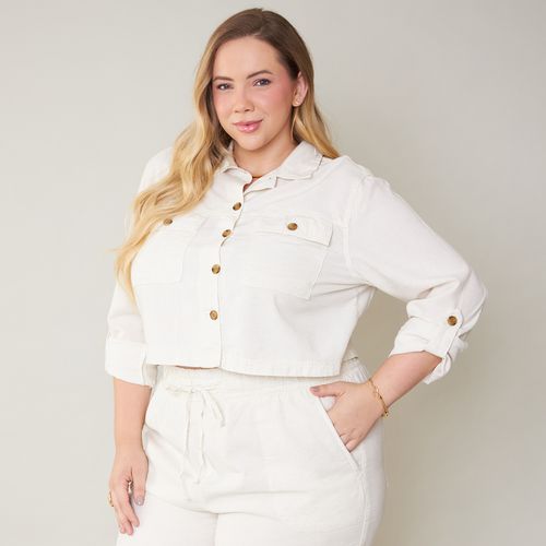 Cambos Jaqueta Jeans Feminina Plus Size Linho Off-white