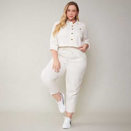 Cambos Calça Feminina Plus Size com Elástico Linho Off-white