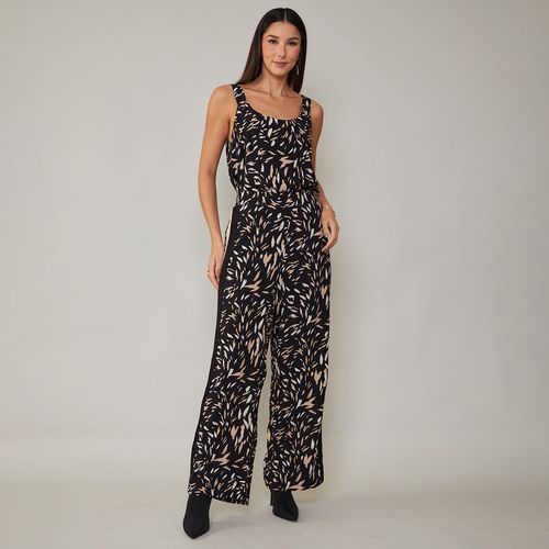Calça Feminina Pantalona Estampada com Detalhe Lateral Contrastante