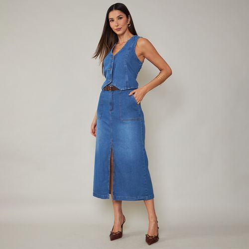Saia Jeans Médio Midi com Bolsos