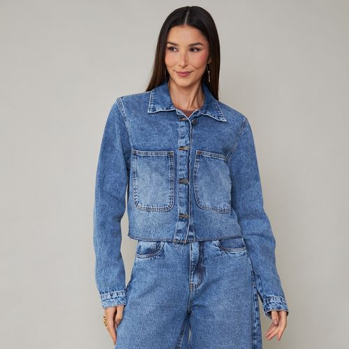 Jaqueta Jeans Feminina Cropped Barra a Fio
