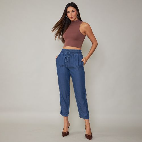Cambos Calça Jeans Feminina com Elástico e Cordão na Cintura