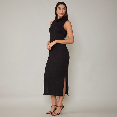 Vestido Midi Tricot Gola Rolê com Fenda