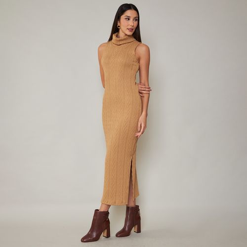 Vestido Midi Tricot Gola Rolê com Fenda