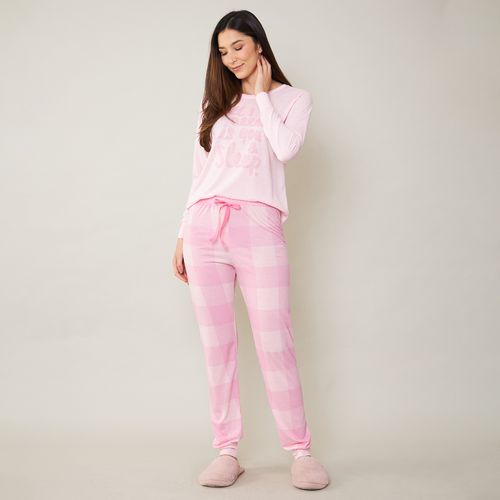 Pijama Feminino Calça e Blusa Estampado Rosa