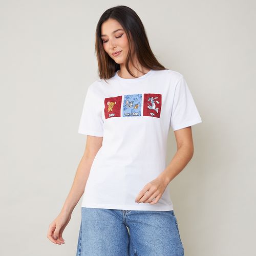 Camiseta Feminina Algodão Tom e Jerry Branca