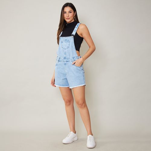 Jardineira Jeans Shorts Feminina Barra a Fio