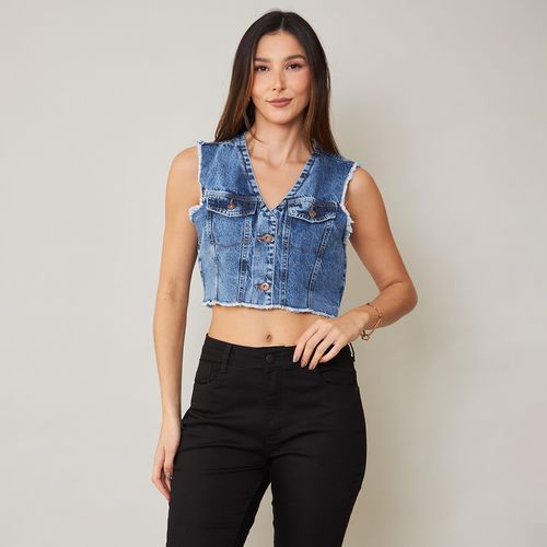 Colete Jeans Feminino Cropped Barra a Fio