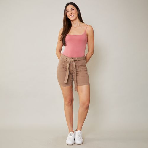 Cambos Shorts Jeans Feminino com Amarração Marrom