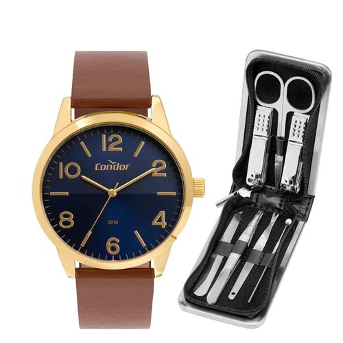 Relógio Masculino Condor Marrom + kit de cuidados pessoais