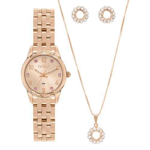 Kit Relógio Feminino Condor Rosé + Colar e Brincos