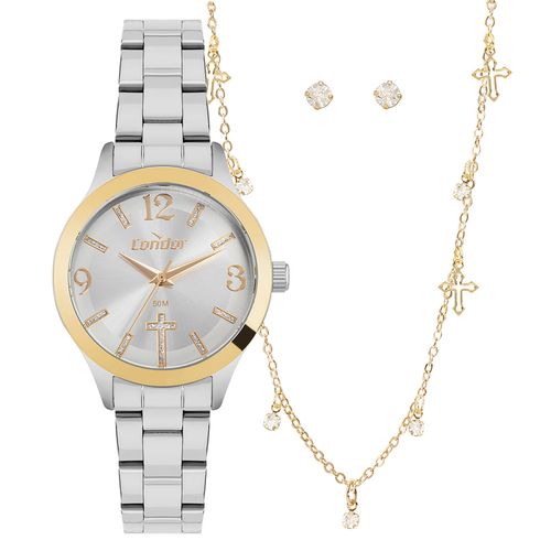 Kit Relógio Feminino Condor Prata e Dourado + Colar e Brincos