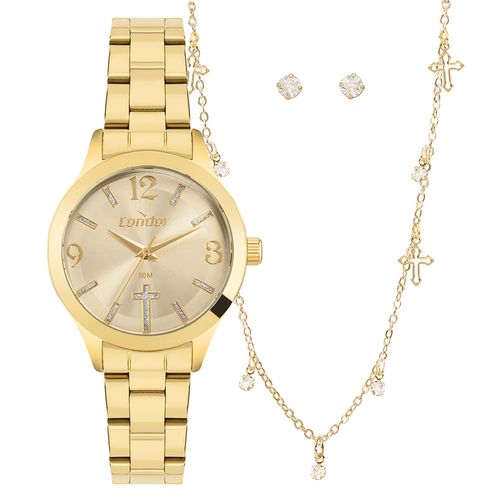 Kit Relógio Feminino Condor Dourado + Colar e Brincos