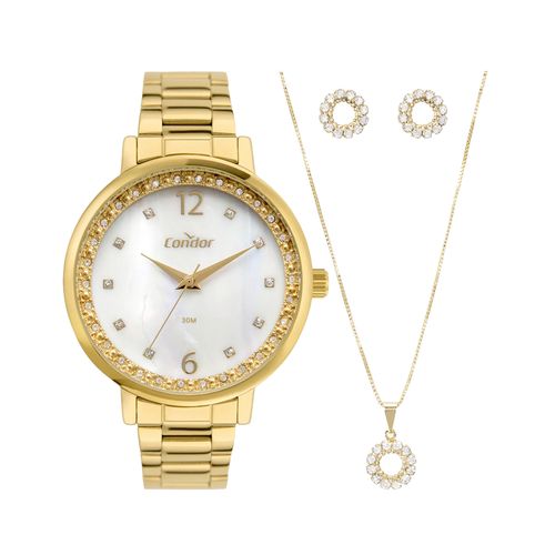 Kit Relógio Feminino Condor Dourado + Colar e Brincos