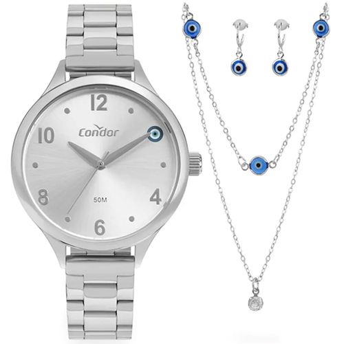 Kit Relógio Feminino Condor Prata + Colar e Brincos