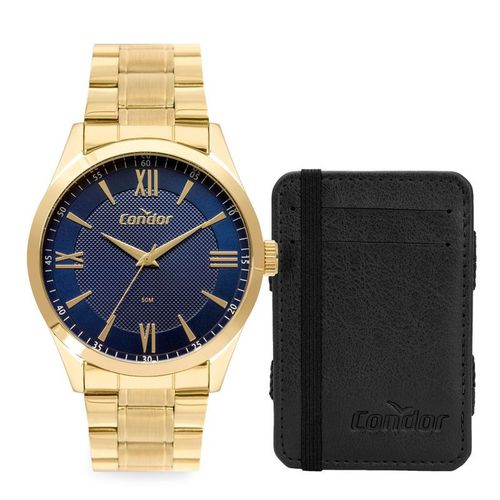Kit Relógio Masculino Condor Analógico Dourado + Canivete