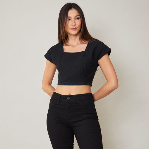 Blusa Cropped Jeans Black Feminina com Lastex
