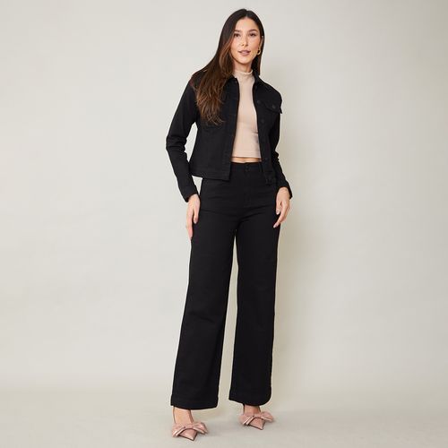 Sawary Calça Jeans Wide Leg Feminina Sarja Preta