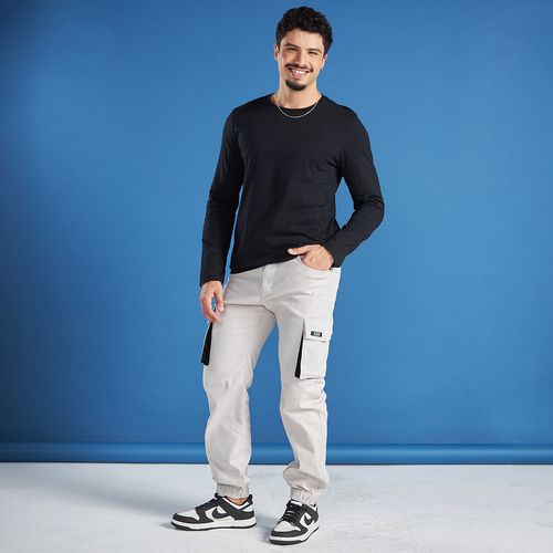 Sawary Calça Masculina Cargo Com Elástico Sarja Cinza