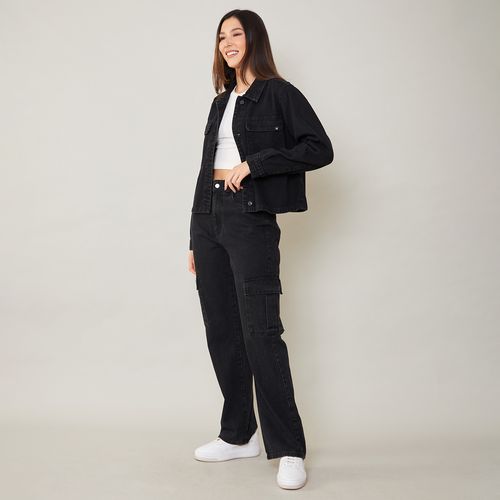 Calça Jeans Feminina Wide Leg Cargo