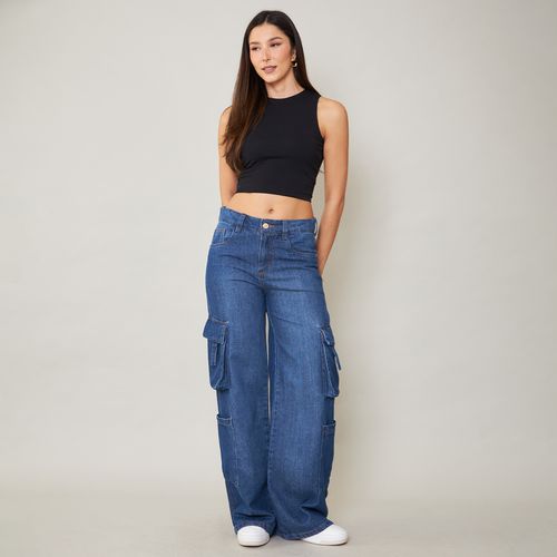 Calça Jeans Feminina Wide Leg Cargo