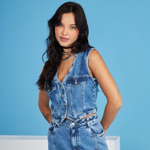 Colete Cropped Jeans Feminino com Botões