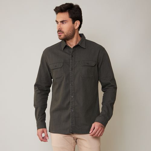 Camisa Jeans Masculina com Bolsos Verde Militar