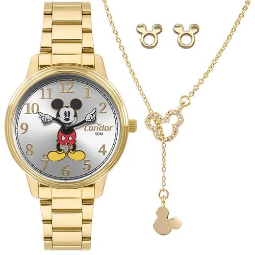 Kit Relógio Feminino Condor Dourado Mickey + Colar e Brincos
