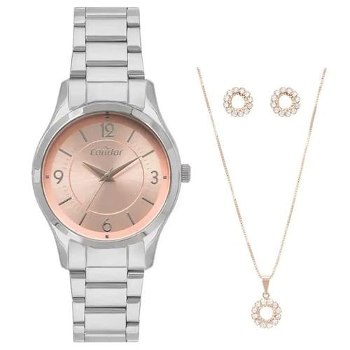 Kit Relógio Feminino Condor Prata + Colar e Brincos