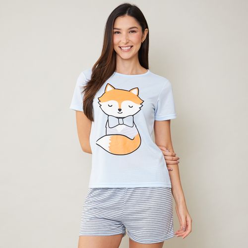 Pijama Feminino Raposa Shorts e Camiseta Azul