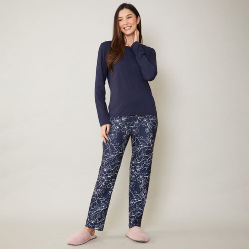 Pijama Feminino Calça e Blusa Estampado Azul Marinho