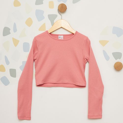 Blusa Cropped Infantil Manga Longa Canelada Rosa