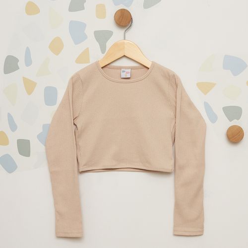 Blusa Cropped Infantil Manga Longa Canelada Bege